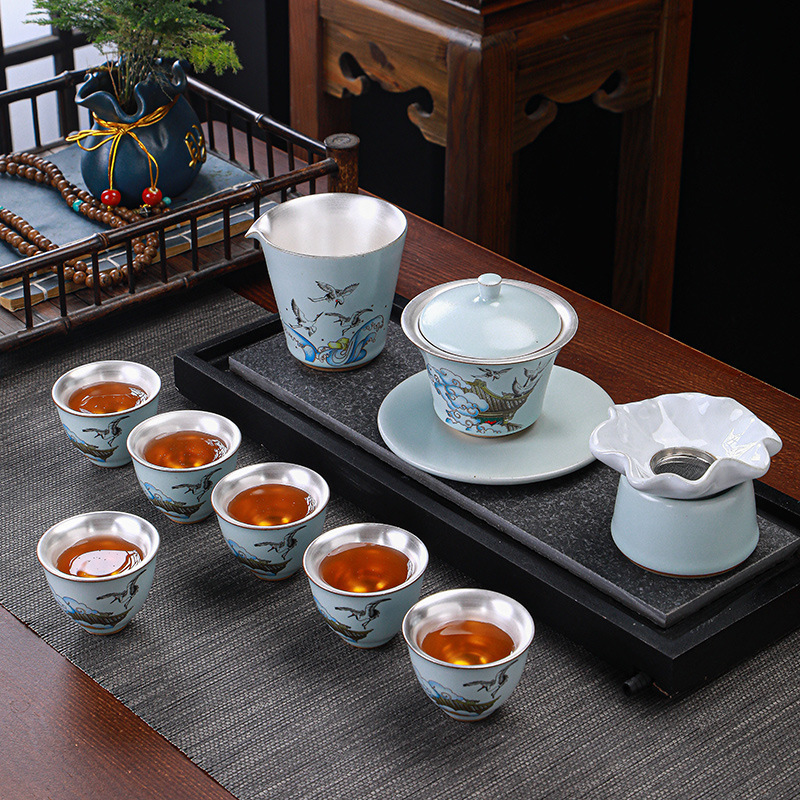 999 Silver Tea Set suit Blue and White Porcelain Purple Sand Cover Bowl Foot Silver Kung Fu Set Household Tea Tasting Cup Gift Box