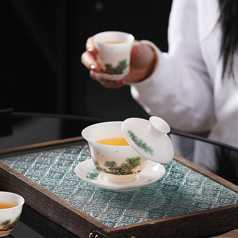 Suit Ice Suet Jade Tea Set Qingluan Jingying Hand-painted Kung Fu Tea Set Bright Dehua Jade Porcelain Light Luxury Accompanying Ceremony