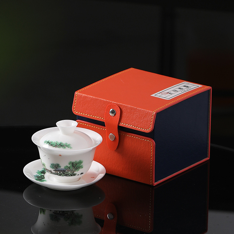 Suit Ice Suet Jade Tea Set Qingluan Jingying Hand-painted Kung Fu Tea Set Bright Dehua Jade Porcelain Light Luxury Accompanying Ceremony