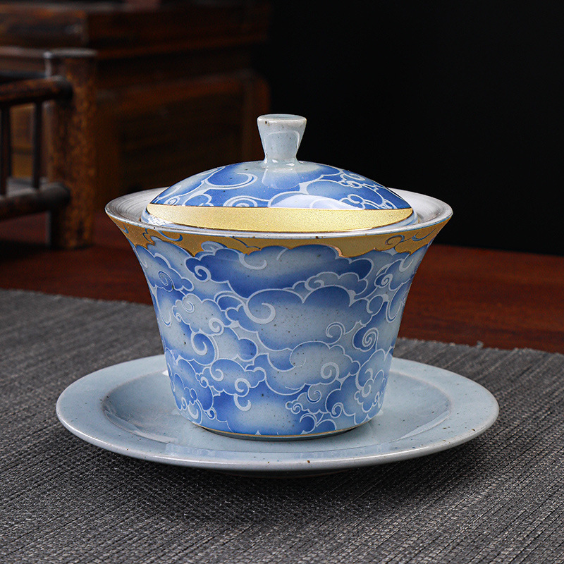 999 Silver Tea Set suit Blue and White Porcelain Purple Sand Cover Bowl Foot Silver Kung Fu Set Household Tea Tasting Cup Gift Box
