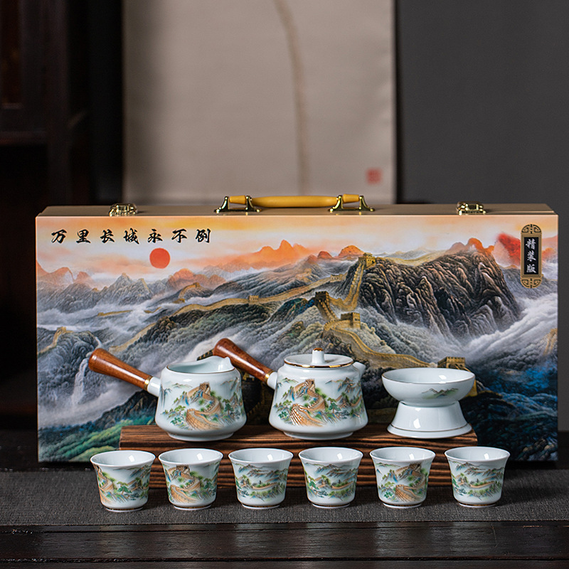 Dehua White Porcelain Sheep Fat Jade Shadow Green Kung Fu Tea Set suit Home Business Activities Gift Giving Tea Pot Accompanying Gift