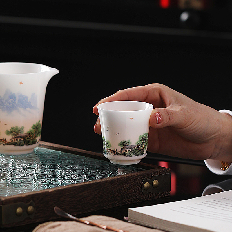 Suit Ice Suet Jade Tea Set Qingluan Jingying Hand-painted Kung Fu Tea Set Bright Dehua Jade Porcelain Light Luxury Accompanying Ceremony