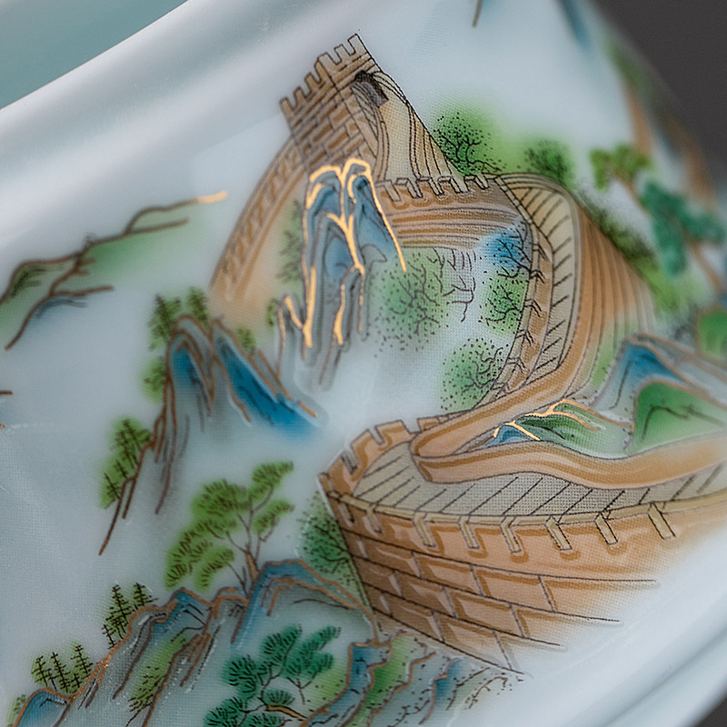 Dehua White Porcelain Sheep Fat Jade Shadow Green Kung Fu Tea Set suit Home Business Activities Gift Giving Tea Pot Accompanying Gift
