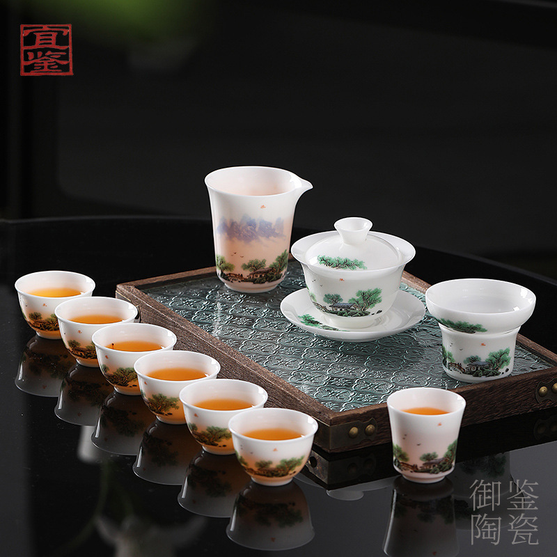 Suit Ice Suet Jade Tea Set Qingluan Jingying Hand-painted Kung Fu Tea Set Bright Dehua Jade Porcelain Light Luxury Accompanying Ceremony