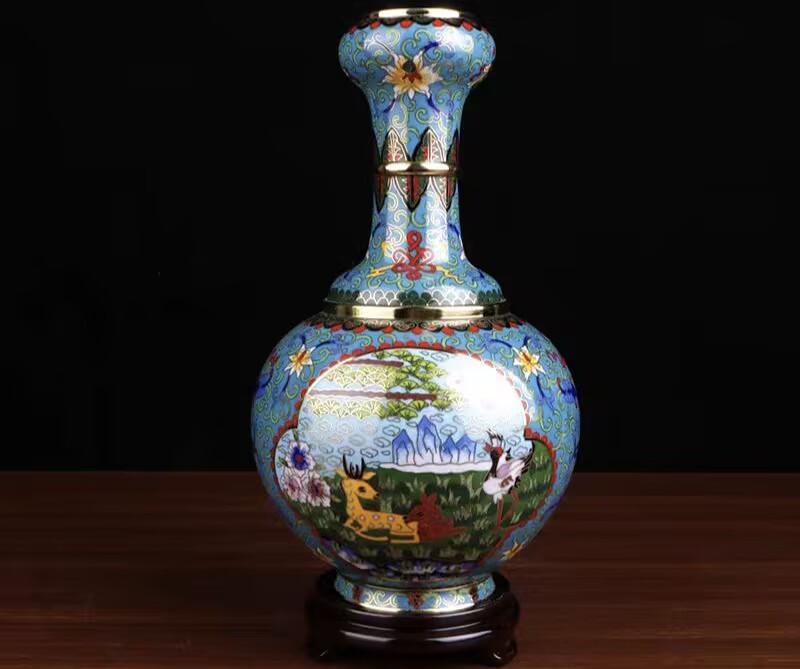 loisonné Vase with Crane and Deer in Spring Design, Ancient Garlic-Bulb-Shaped Bottle