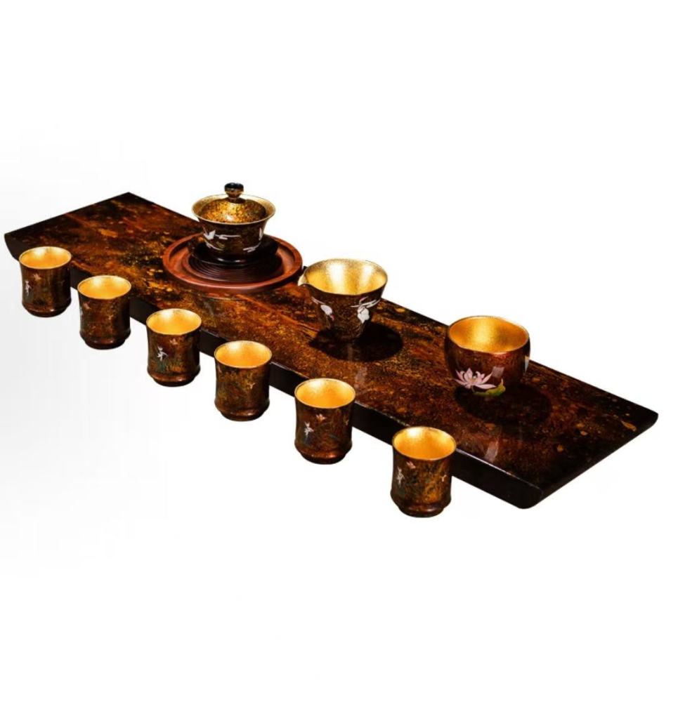Inner wall gold-plated lacquer lacquerware tea set (hand-painted lotus, tea table, tea tray, tea cup full set, high-end gift set)