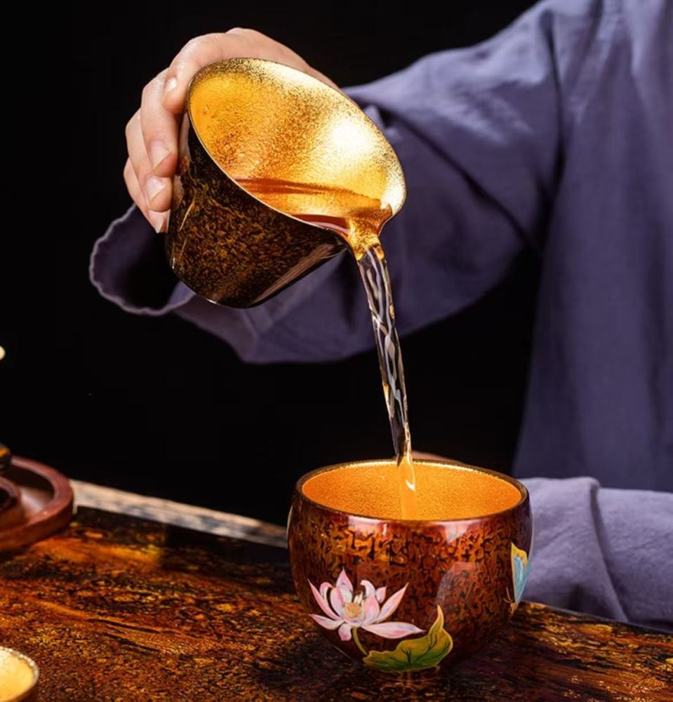 Inner wall gold-plated lacquer lacquerware tea set (hand-painted lotus, tea table, tea tray, tea cup full set, high-end gift set)