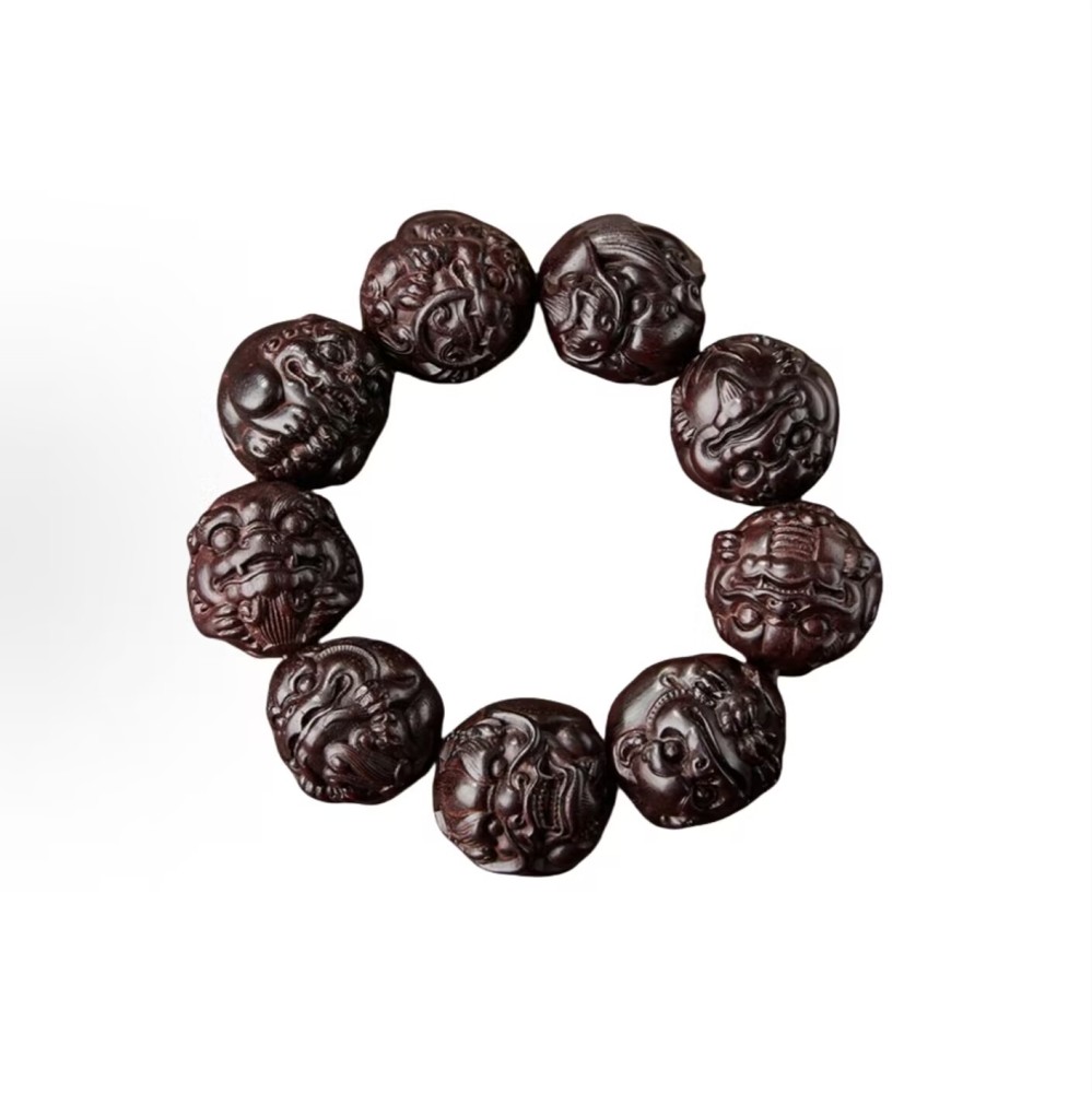 Wooden Bead Bracelet with Pixiu (a Mythical Creature for Attracting Wealth and Blessings) - Inspired by the Nine Offspring of the Dragon