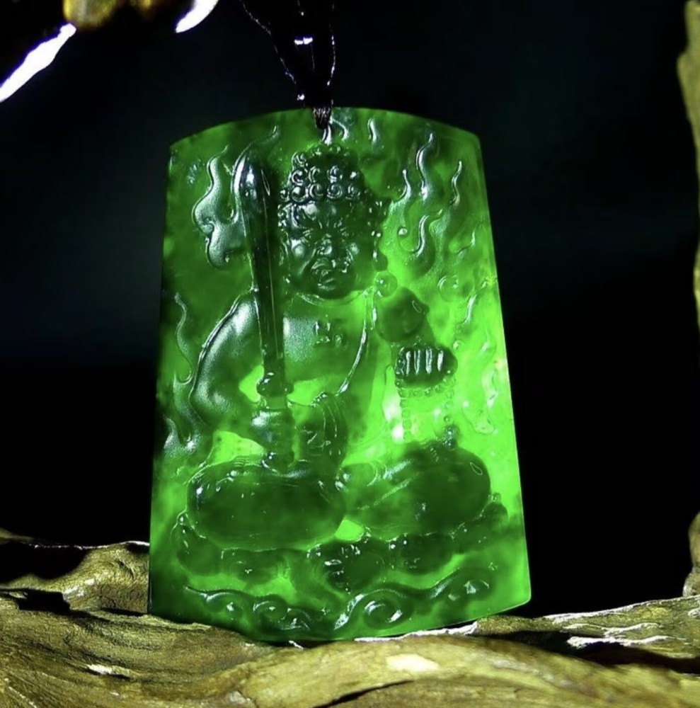 Carved Jade Pendant of Fudo Myoo (Acala) - Large Size, Exquisite Craftsmanship, Translucent Texture, Natural Material, Standard Cut