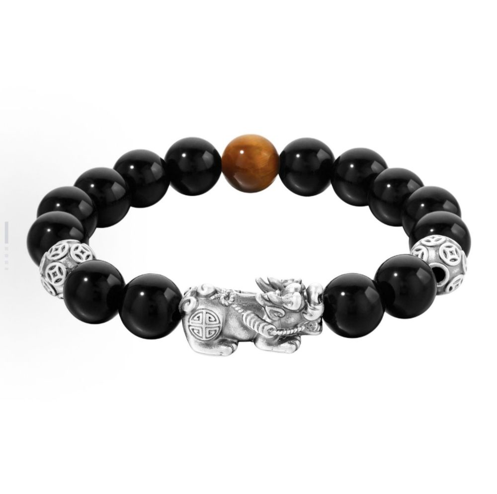 Sterling Silver Pixiu (Pi Yao) Bracelet with Gold-Swallowing Beast and Obsidian for Attracting Wealth and Blessings