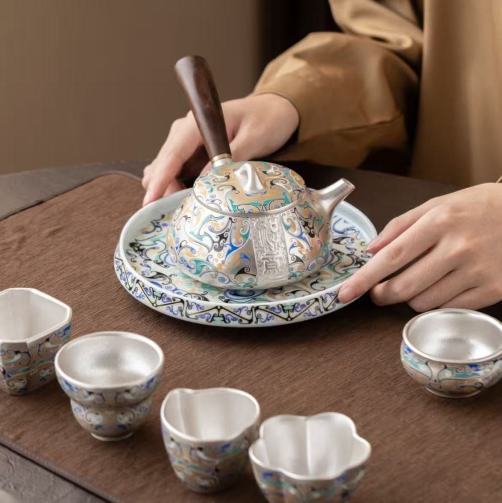 Ruci Touching Silver-plated Wufu High-end Light Luxury Kung Fu Tea Set (Teapot Tea Cup Business Gift Box)