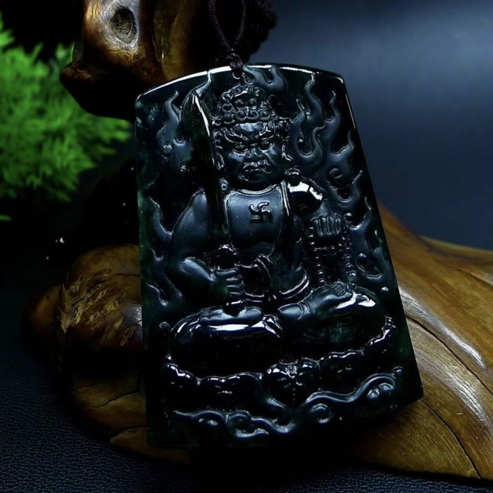 Carved Jade Pendant of Fudo Myoo (Acala) - Large Size, Exquisite Craftsmanship, Translucent Texture, Natural Material, Standard Cut