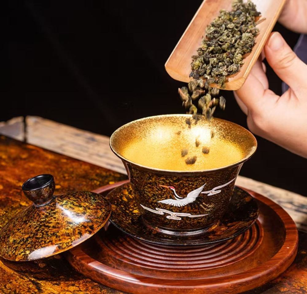 Inner wall gold-plated lacquer lacquerware tea set (hand-painted lotus, tea table, tea tray, tea cup full set, high-end gift set)