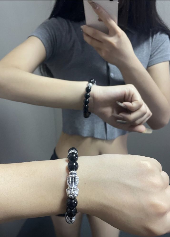 Sterling Silver Pixiu (Pi Yao) Bracelet with Gold-Swallowing Beast and Obsidian for Attracting Wealth and Blessings