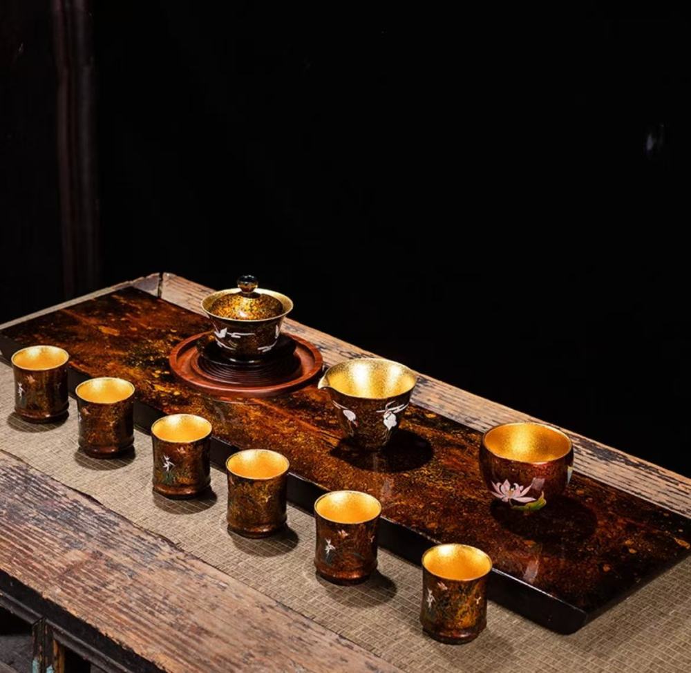 Inner wall gold-plated lacquer lacquerware tea set (hand-painted lotus, tea table, tea tray, tea cup full set, high-end gift set)
