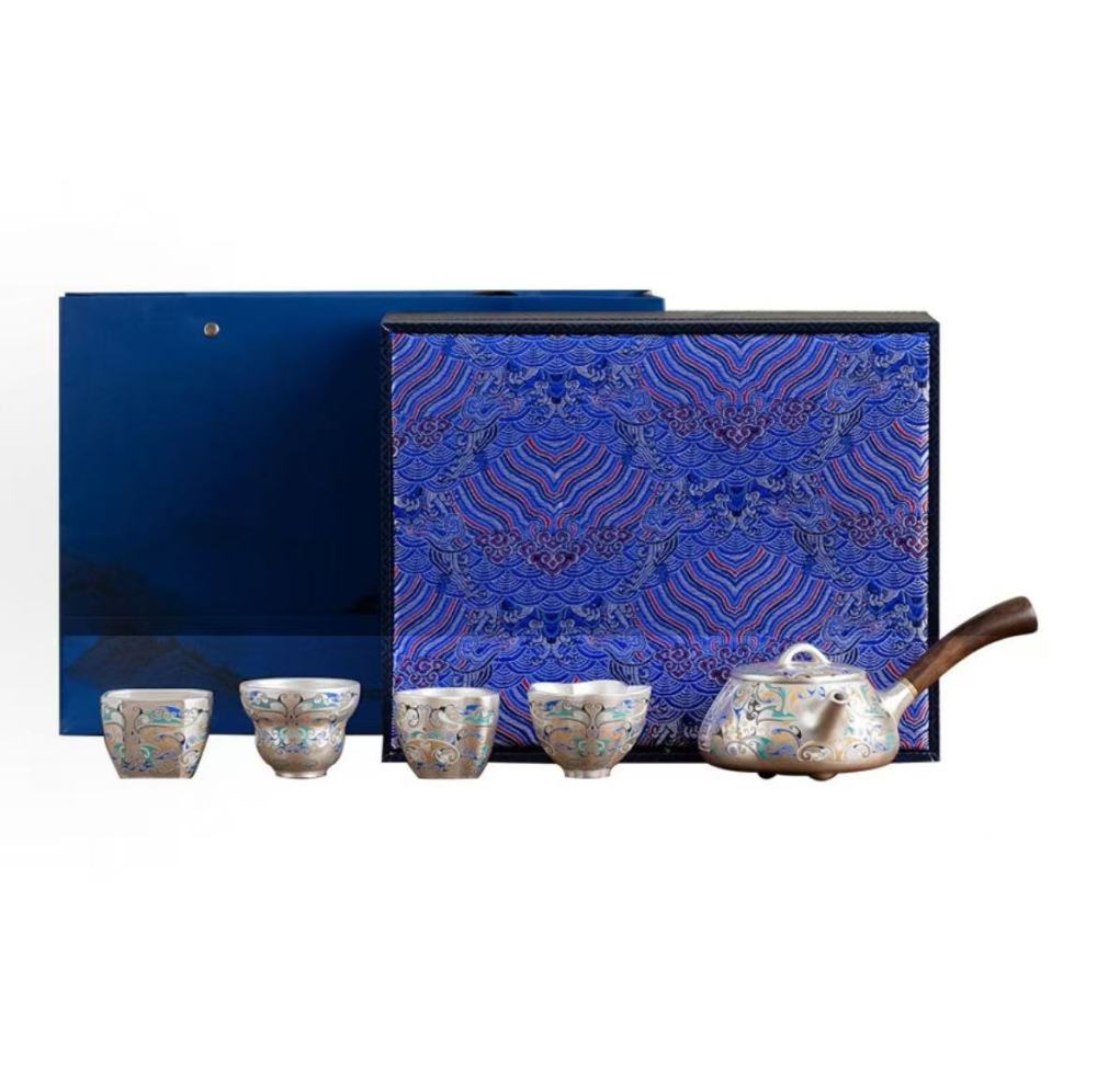 Ruci Touching Silver-plated Wufu High-end Light Luxury Kung Fu Tea Set (Teapot Tea Cup Business Gift Box)