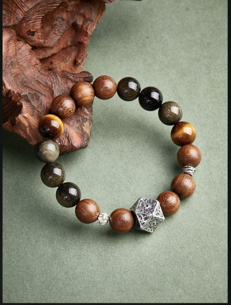 Pure Silver Golden Obsidian Yellow Tiger's Eye Fortune-Turning Beads