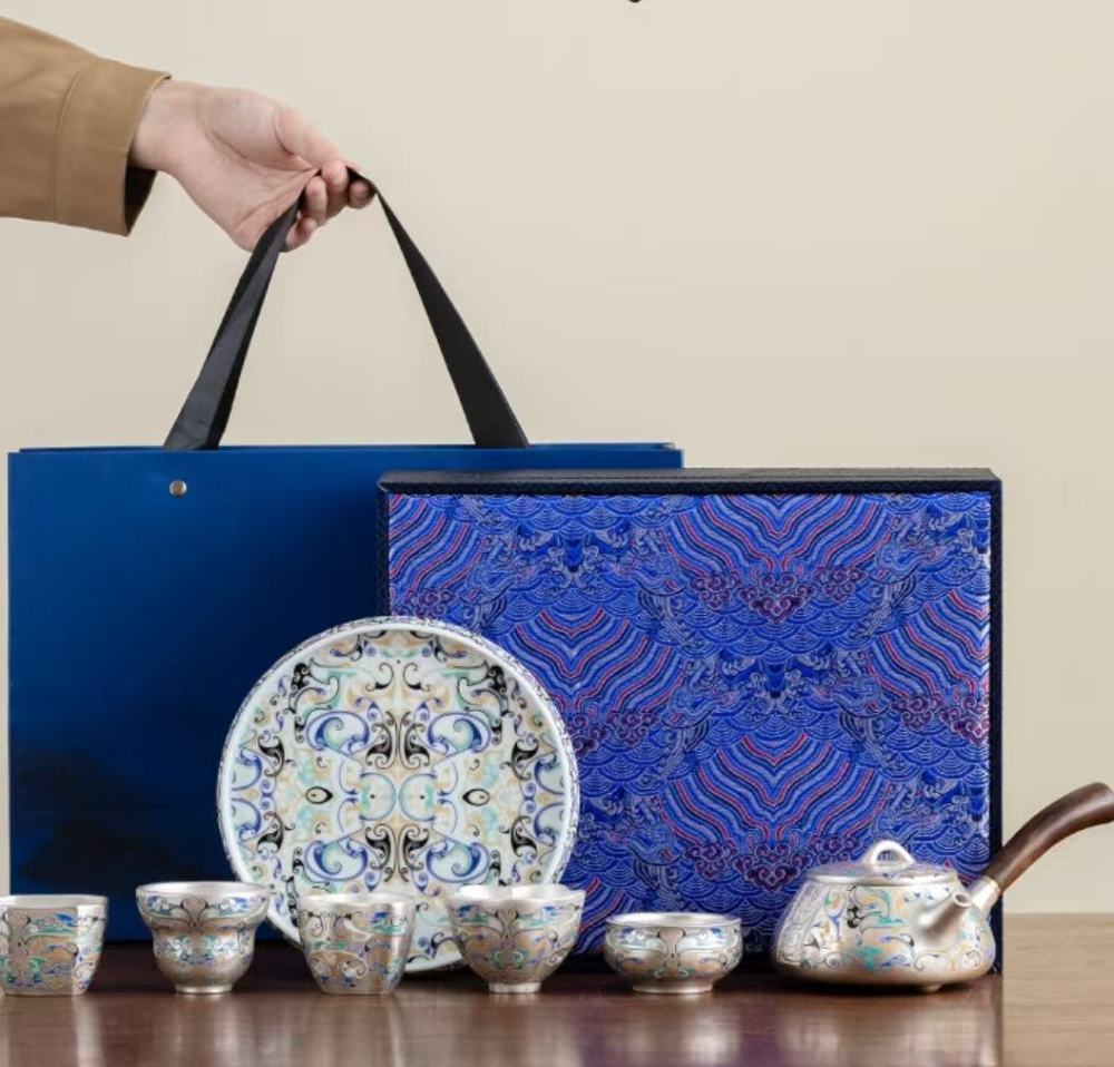 Ruci Touching Silver-plated Wufu High-end Light Luxury Kung Fu Tea Set (Teapot Tea Cup Business Gift Box)