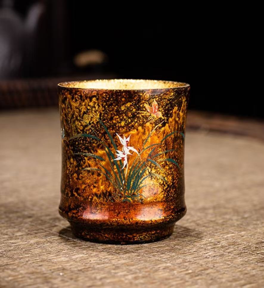 Inner wall gold-plated lacquer lacquerware tea set (hand-painted lotus, tea table, tea tray, tea cup full set, high-end gift set)