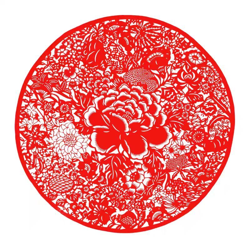 Large-scale Handmade Paper-cutting of Blooming Peonies with Birds and a Cluster of Flowers