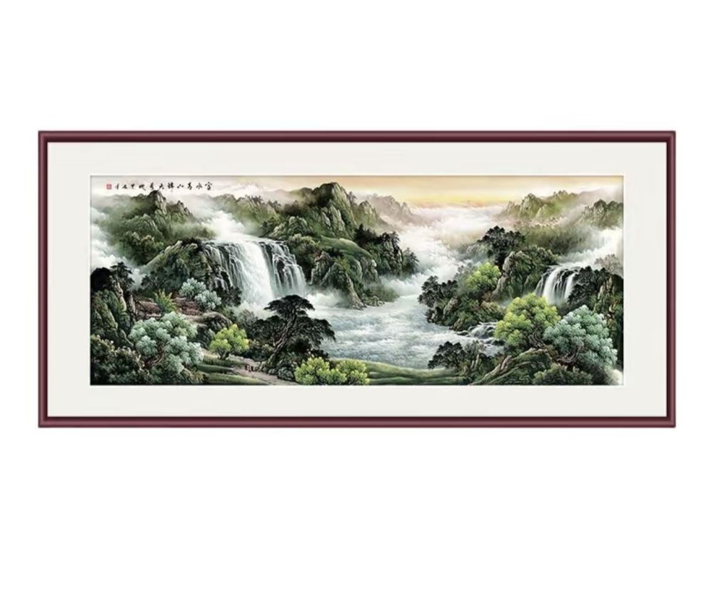 green-and-blue landscape scroll painting