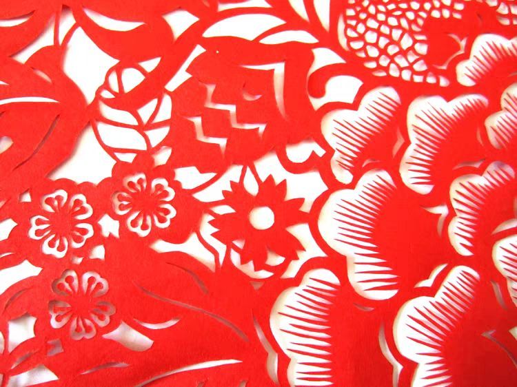 Large-scale Handmade Paper-cutting of Blooming Peonies with Birds and a Cluster of Flowers