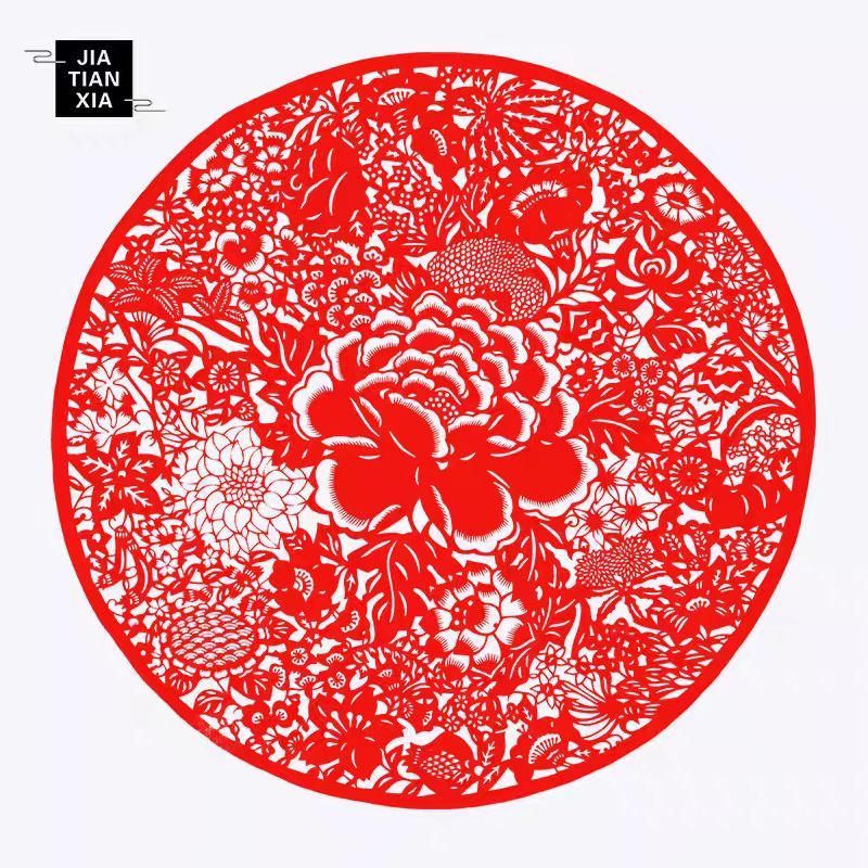 Large-scale Handmade Paper-cutting of Blooming Peonies with Birds and a Cluster of Flowers