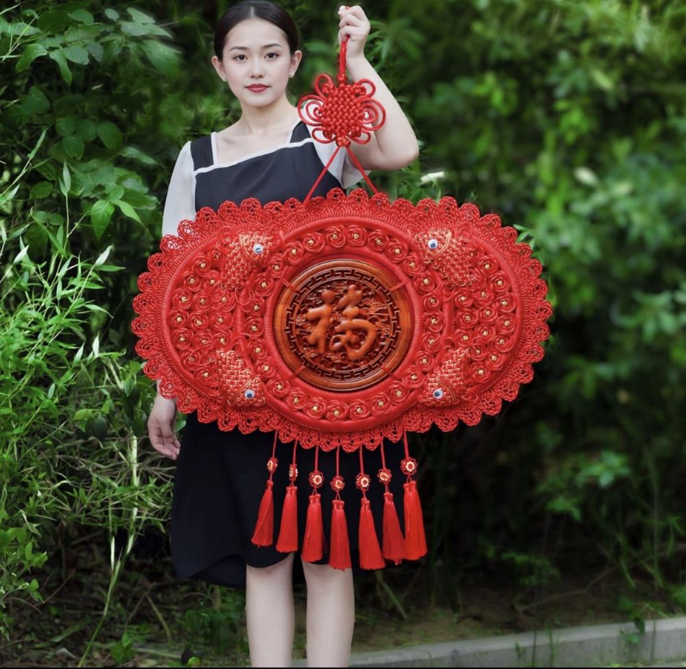 Chinese Knot 桃木 Fu Character Dragon and Phoenix Pendant