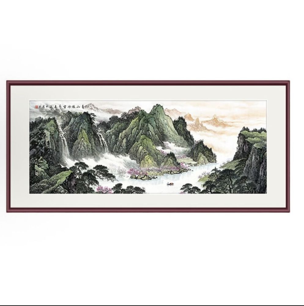green-and-blue landscape scroll painting