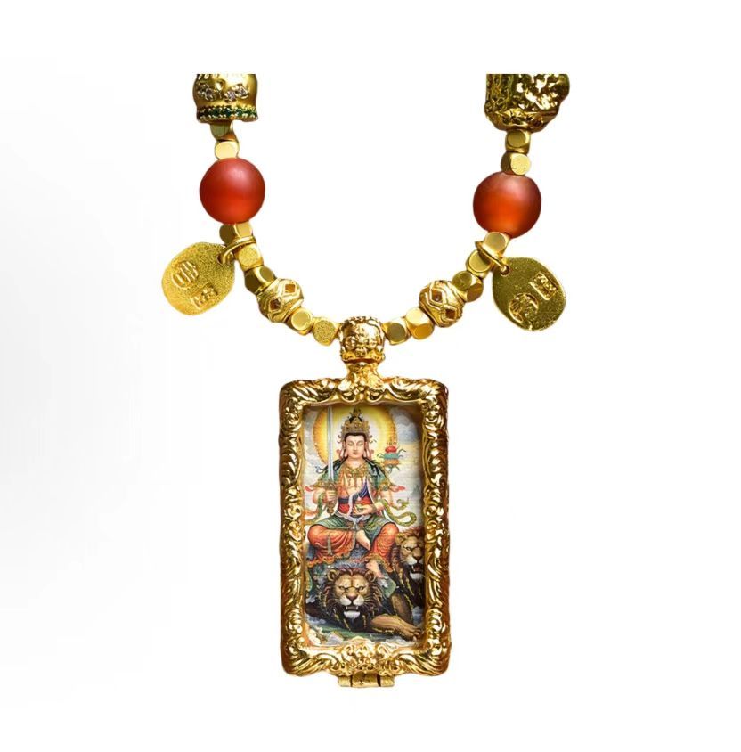 Thangka Manjushri Bodhisattva and Marici Devi Pendant Double-Sided Painted Thangka Guardian Buddha Amulet