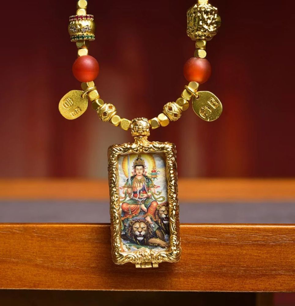 Thangka Manjushri Bodhisattva and Marici Devi Pendant Double-Sided Painted Thangka Guardian Buddha Amulet