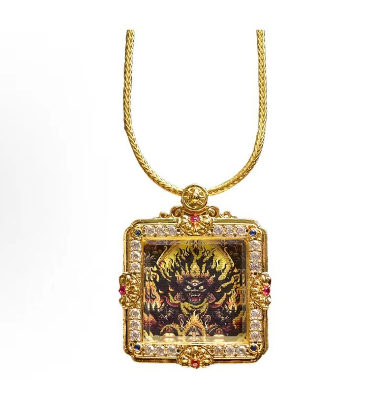 Hand-Painted Thangka Pendant of Six-Armed Mahakala