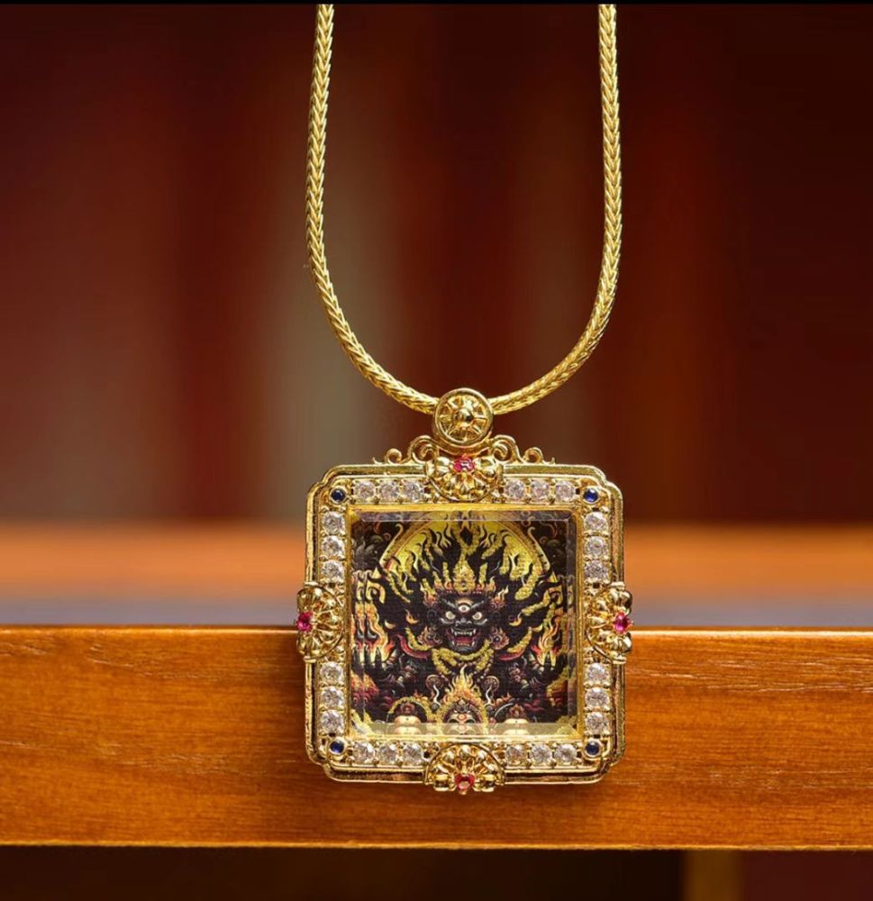 Hand-Painted Thangka Pendant of Six-Armed Mahakala