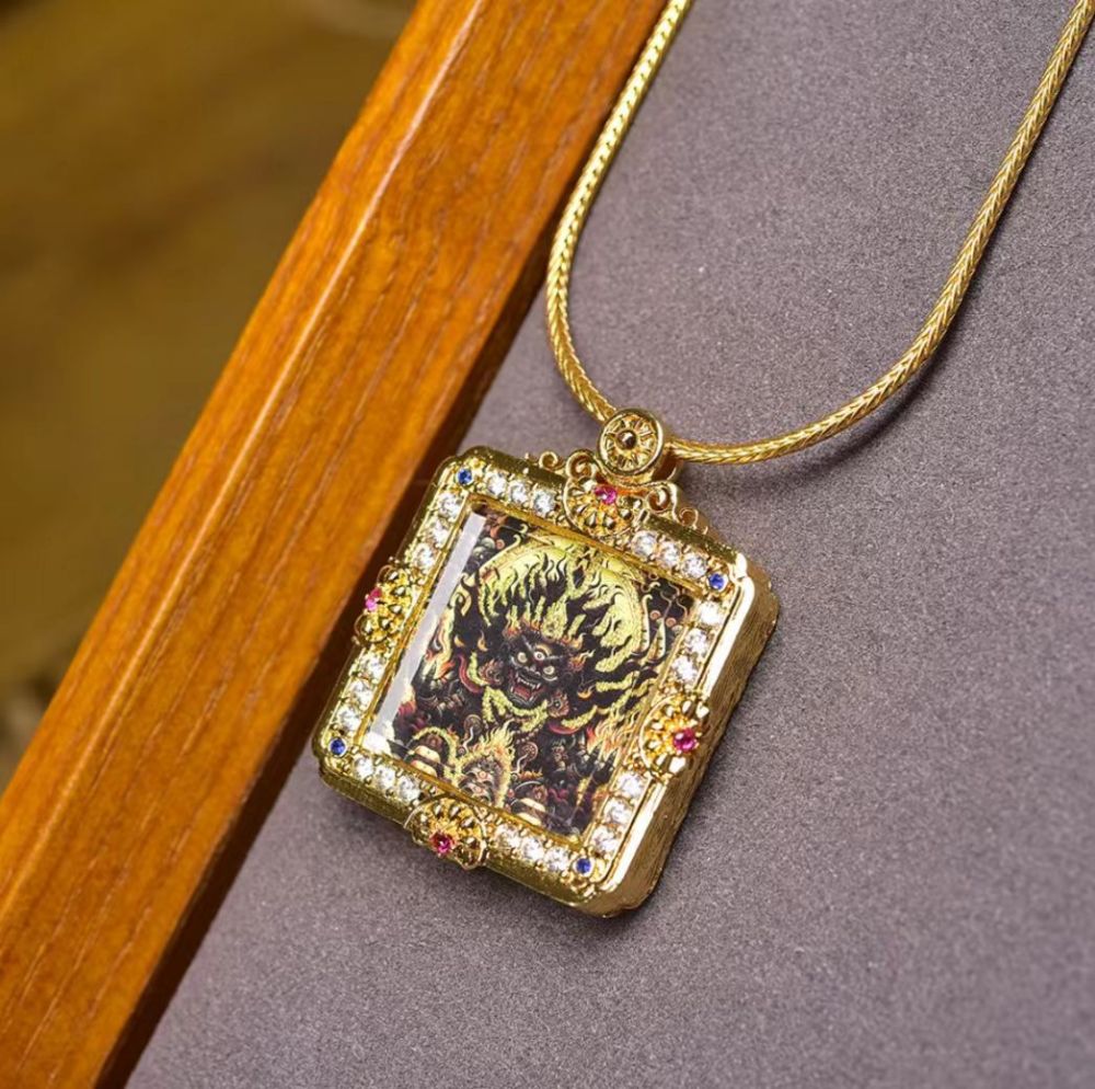 Hand-Painted Thangka Pendant of Six-Armed Mahakala