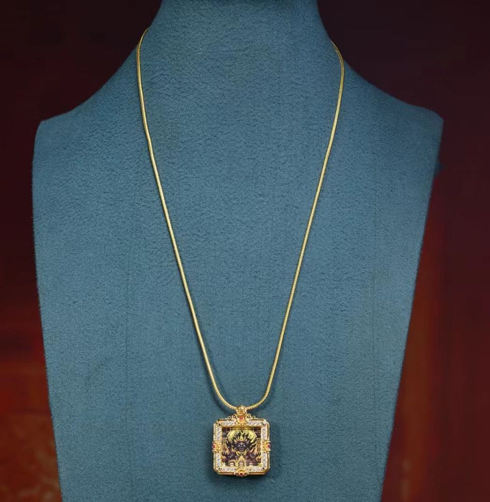 Hand-Painted Thangka Pendant of Six-Armed Mahakala