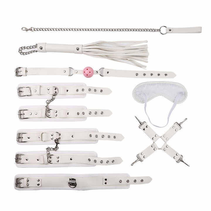 Bondage Gear Adult Sex Toys Kit 8 Pcs Bdsm Bondage Kits with White Rivets and Artificial Leather Fluff SM Properties