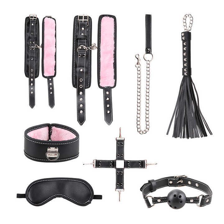 Bondage Gear Black Artificial Leather Fluff 8-Piece Strapon BDSM Bondage Kit Adult Sex Toys Juguetes Sexuales