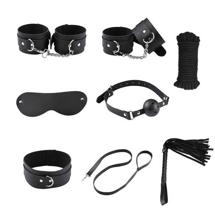 Black Pink Plain Pattern Leather Bondage Gear 8-Piece SM/BDSM/Bed Restraints Kit Sex Toys for Women