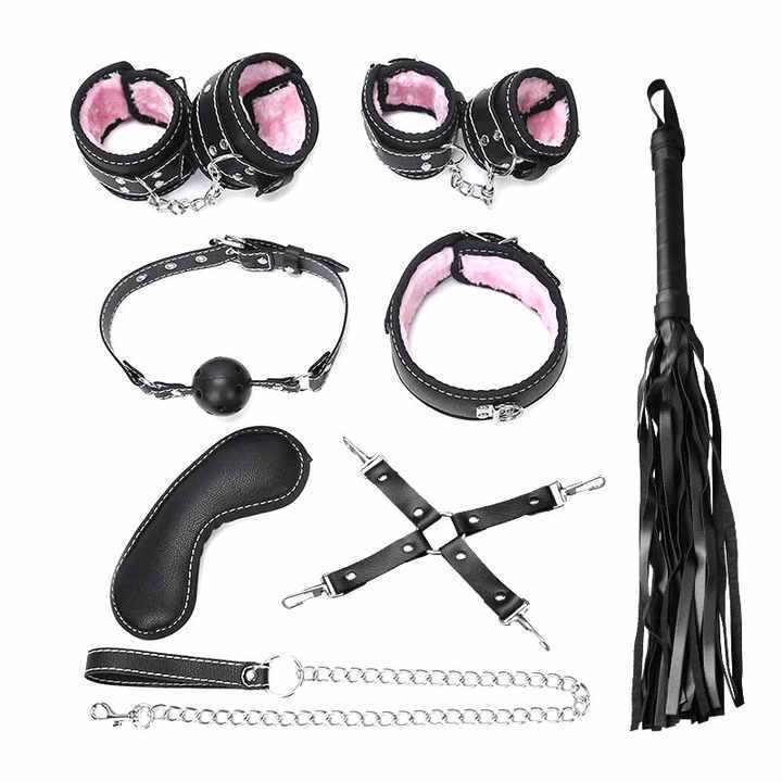 Black Bondage Gear PU Leather Set with Fluff 8pcs Pink Bed Restraints Sex Toys for Women BDSM Products Juguetes Sexuales