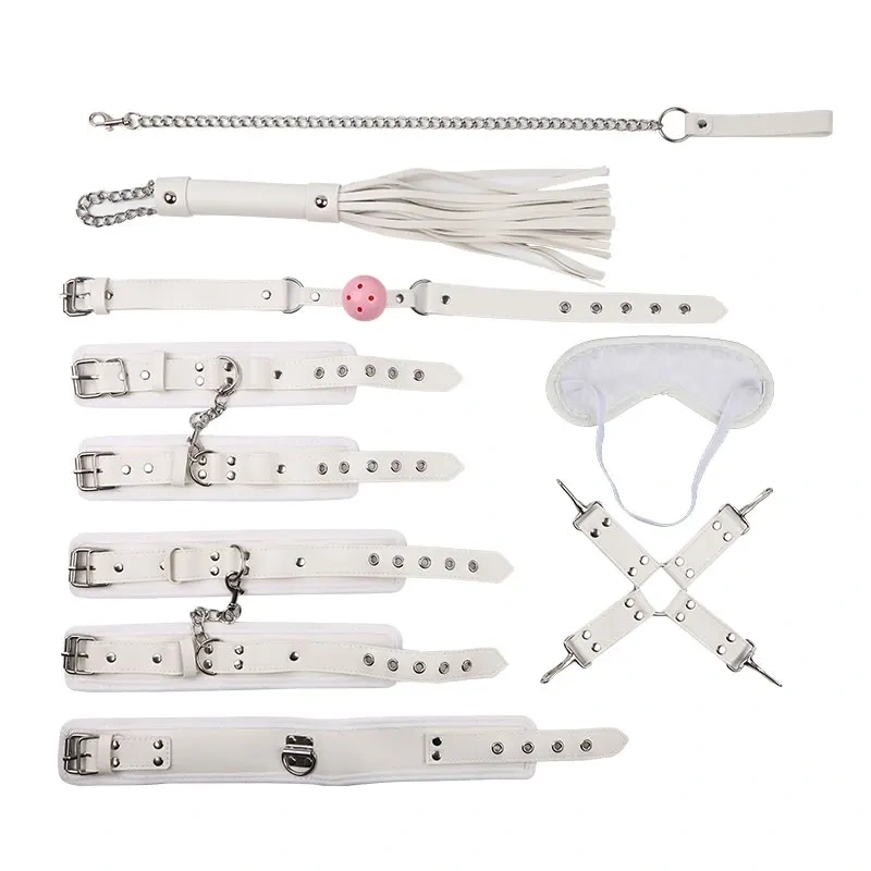 Bondage Gear Adult Sex Toys Kit 8 Pcs Bdsm Bondage Kits with White Rivets and Artificial Leather Fluff SM Properties