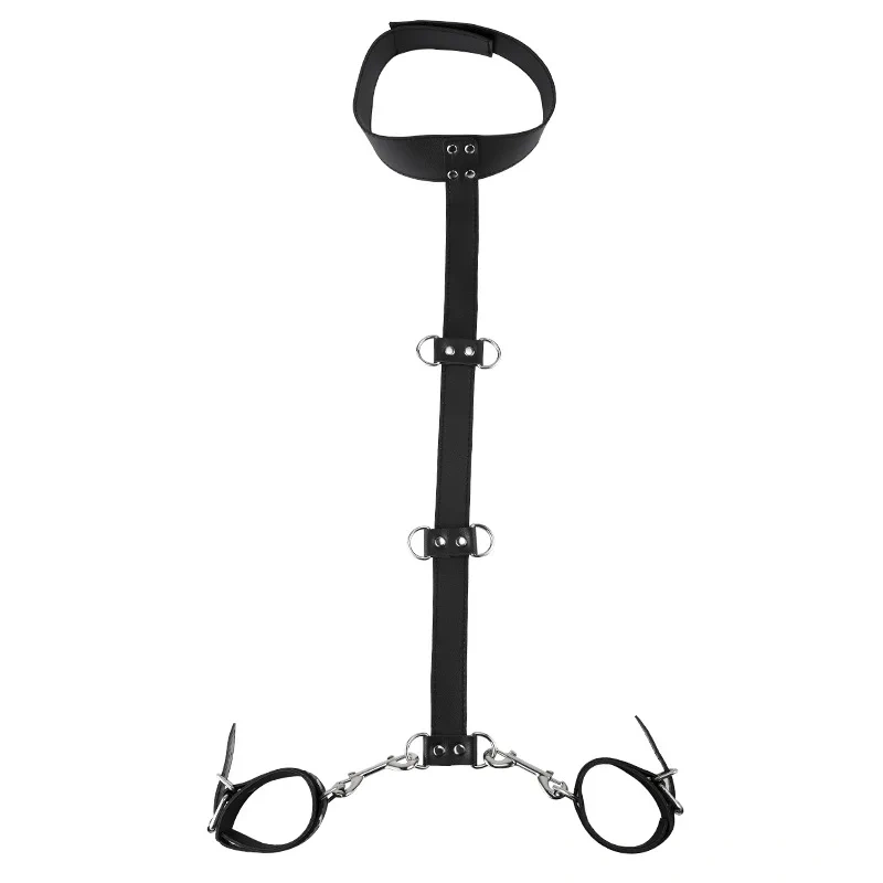 Bondage Gear Black Collar with Handcuffs PU Leather BDSM Harness and Sex Toy for Men for SM Activities