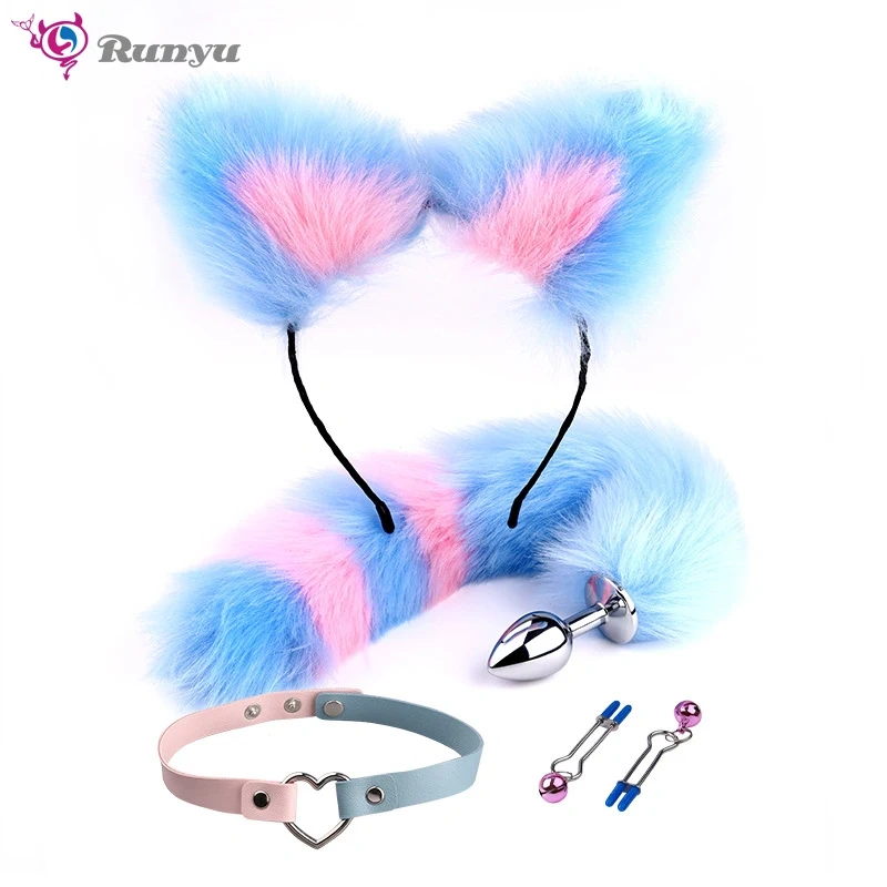 Cosplay Anal Sex Toys Set for Women Cat Ear Fox Tail Anal Plug Collar Nipple Clamps Butt Plug Erotic Juguetes Sexuales