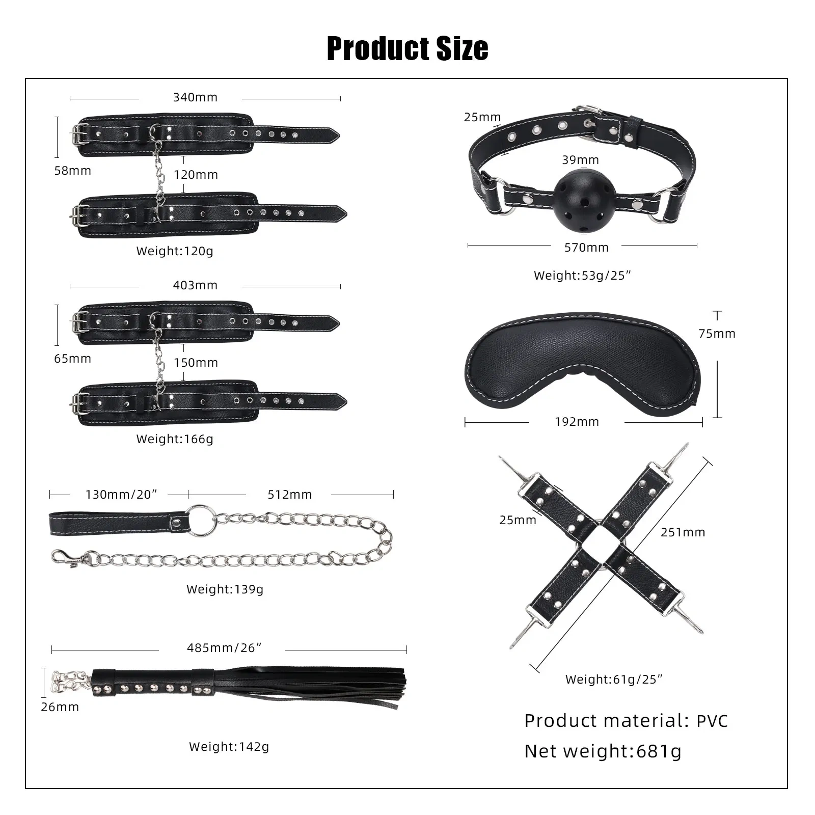 Bondage Gear Black Artificial Leather Fluff 8-Piece Strapon BDSM Bondage Kit Adult Sex Toys Juguetes Sexuales