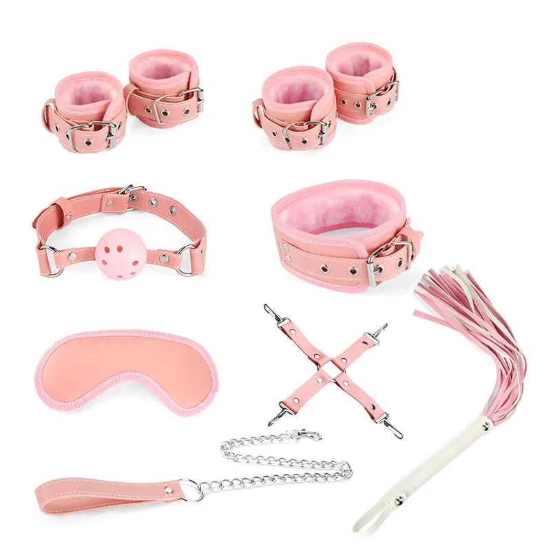 Black Bondage Gear PU Leather Set with Fluff 8pcs Pink Bed Restraints Sex Toys for Women BDSM Products Juguetes Sexuales