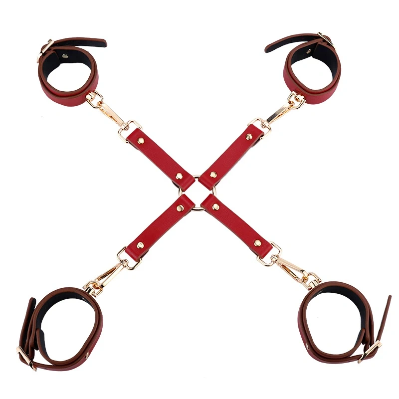 Set of 6 Pcs Black PU Leather Bondage Gear Red BDSM Bed Restraints Adult SM Type Sex Toys