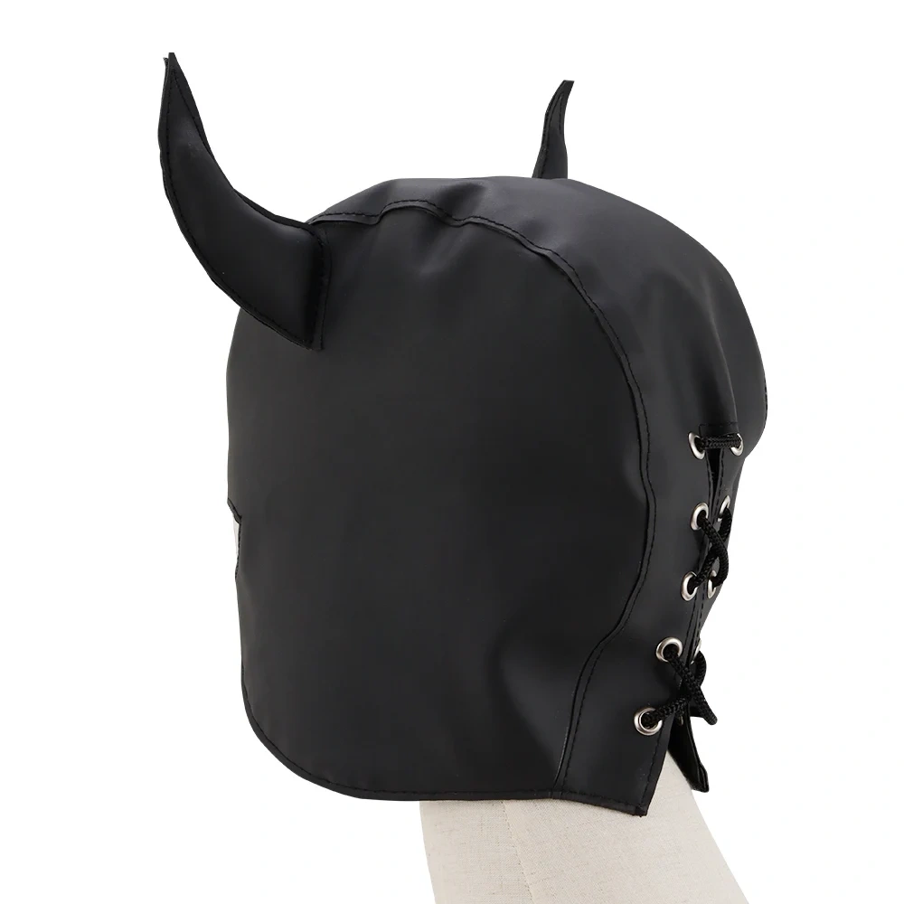 Black Devil Hood Bondage Gear Kit Leather Face Cover for Daredevil Cosplay Sex Toys for Adults BDSM