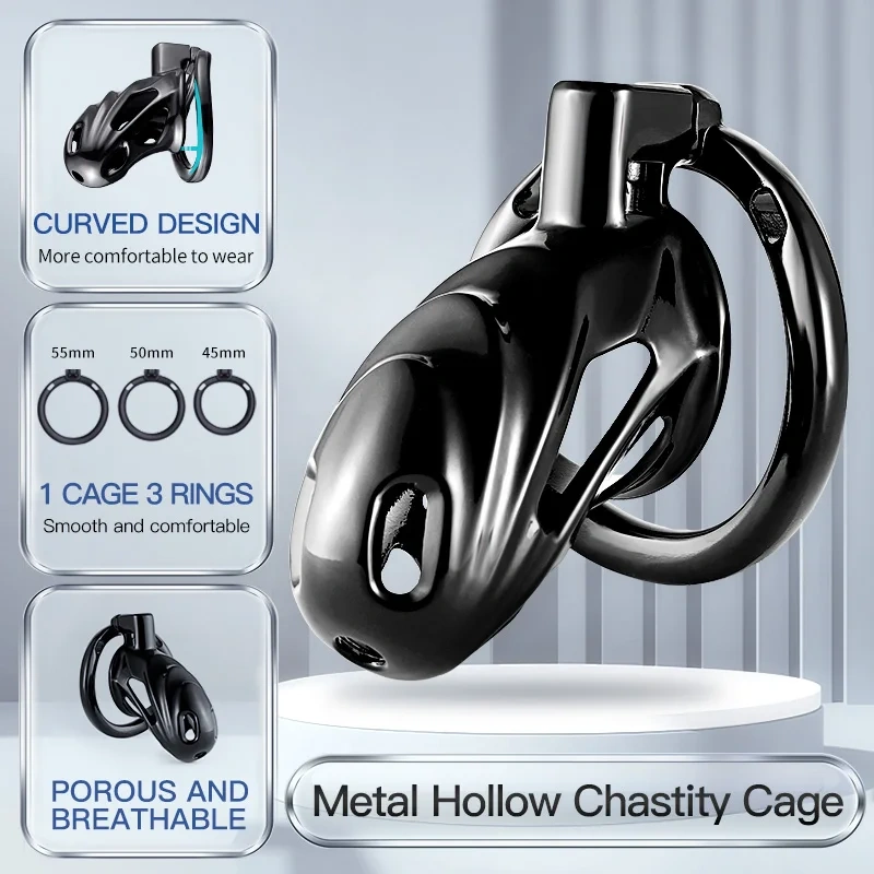 Men's Black Aluminum Alloy Hollow Chastity Cage Bondage Gear Sex Toys for Men