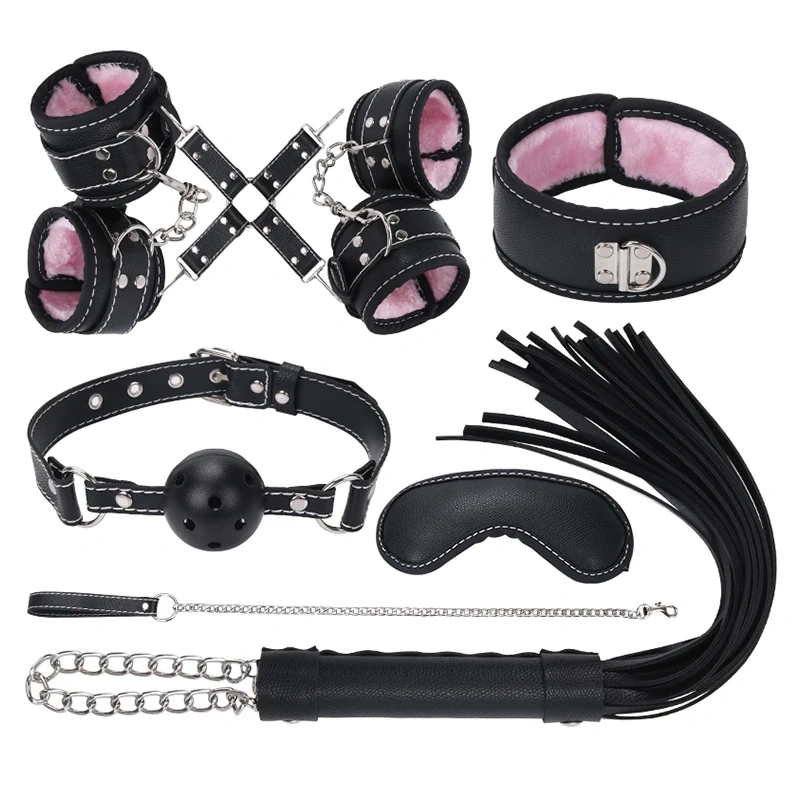 Bondage Gear Black Artificial Leather Fluff 8-Piece Strapon BDSM Bondage Kit Adult Sex Toys Juguetes Sexuales