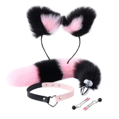 Pink Black Tail+Pink Black Cat Ear Sets