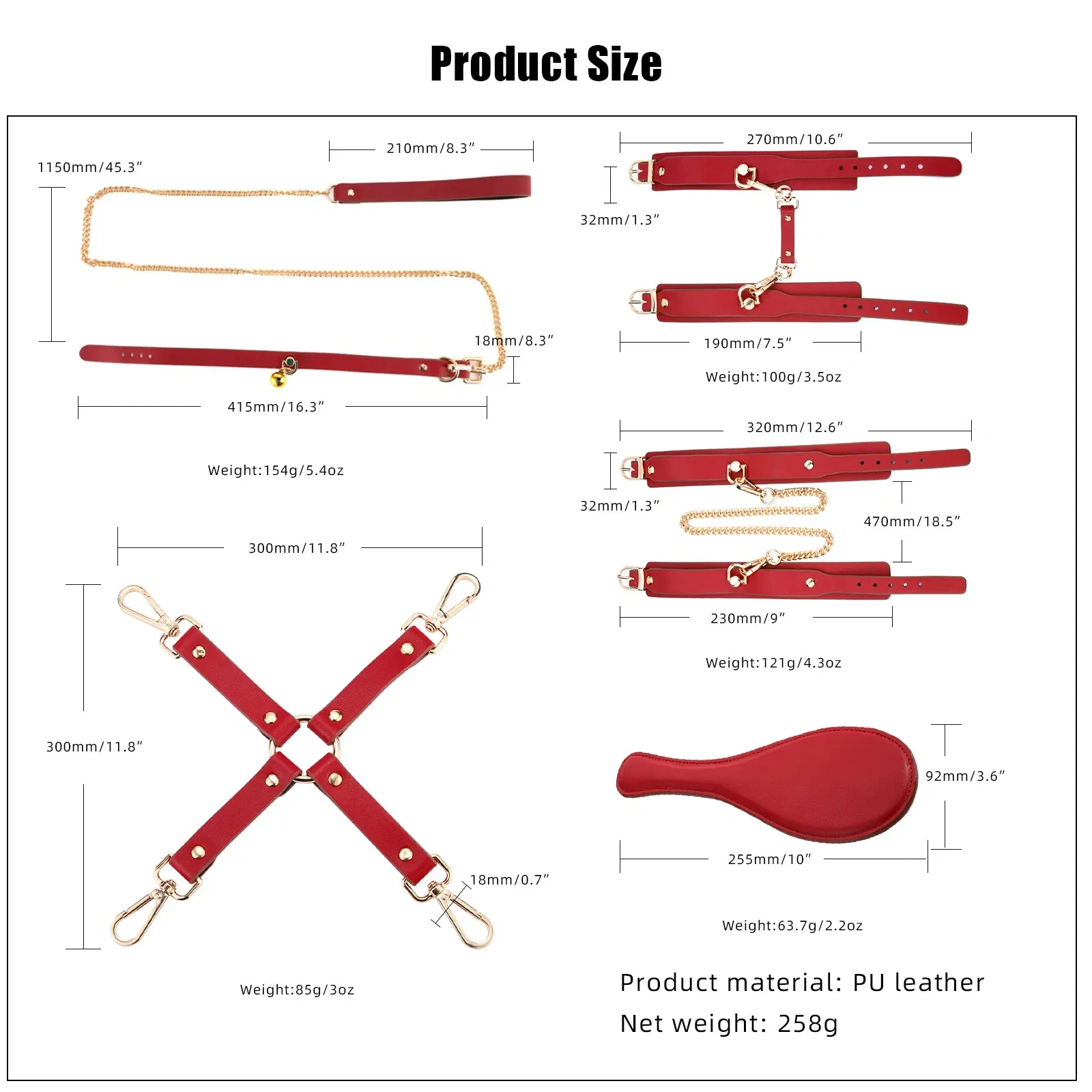 Set of 6 Pcs Black PU Leather Bondage Gear Red BDSM Bed Restraints Adult SM Type Sex Toys